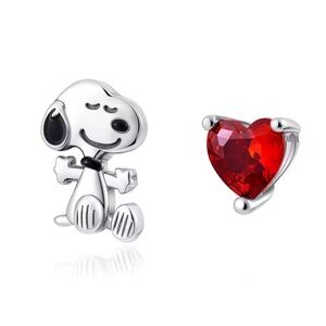 Snoopy & Valentine Heart S925 Sterling Silver Small Mismatched Stud Earrings NEW